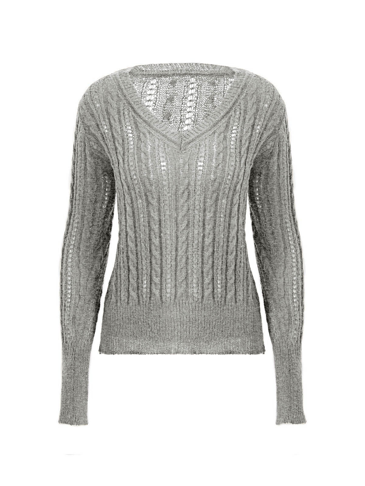 GRAY V-NECK KNIT SWEATER WITH LACE PATCHWORK CABLE DESIGN