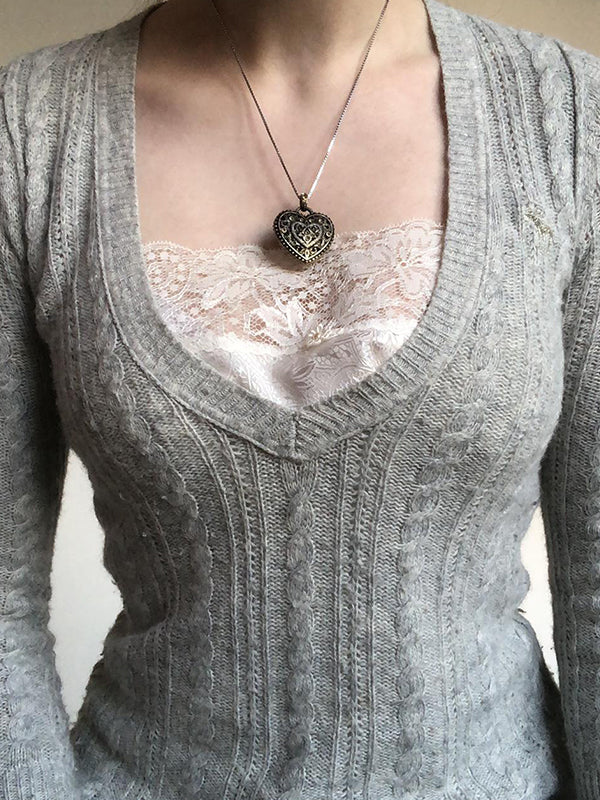 GRAY V-NECK KNIT SWEATER WITH LACE PATCHWORK CABLE DESIGN