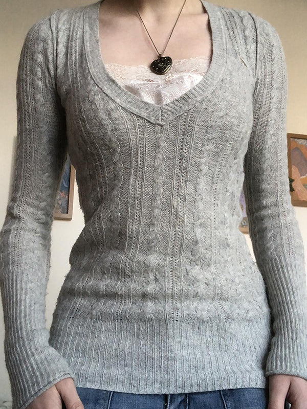 GRAY V-NECK KNIT SWEATER WITH LACE PATCHWORK CABLE DESIGN
