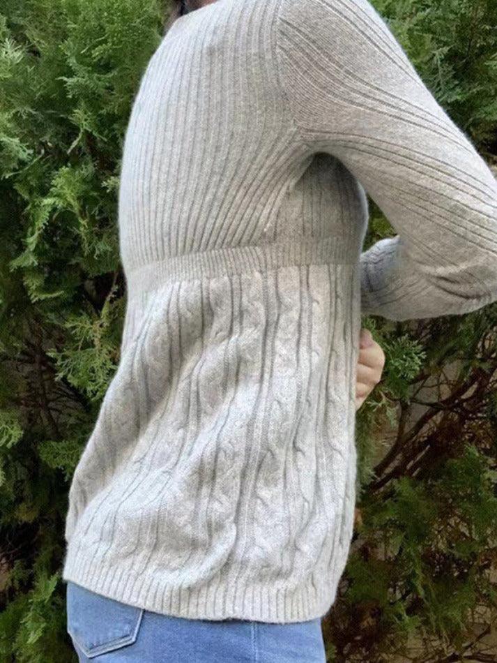 GRAY V-NECK SWEATER WITH TIMELESS CROCHET DETAILS
