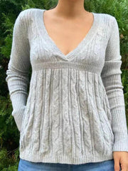 GRAY V-NECK SWEATER WITH TIMELESS CROCHET DETAILS