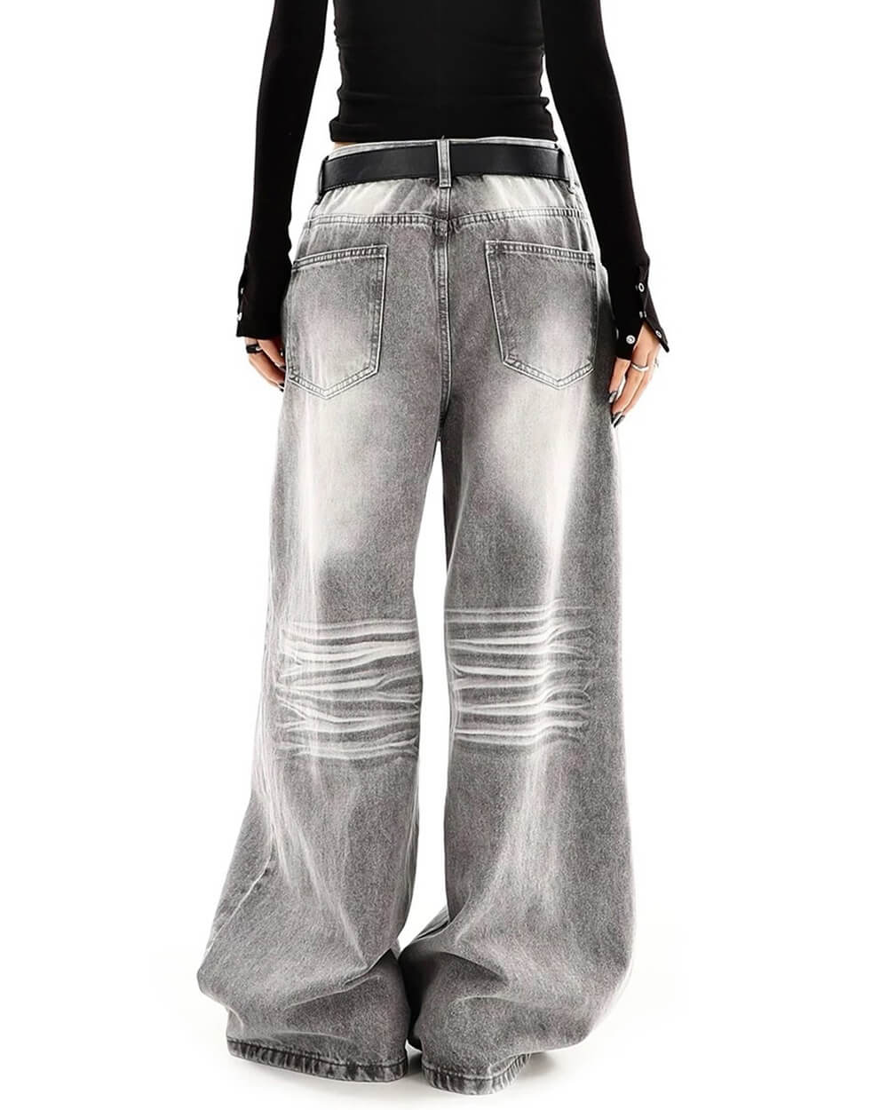 GRAY WIDE-LEG JEANS WITH BLACK BELT FOR WOMEN
