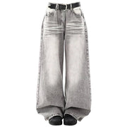 GRAY WIDE-LEG JEANS WITH BLACK BELT FOR WOMEN