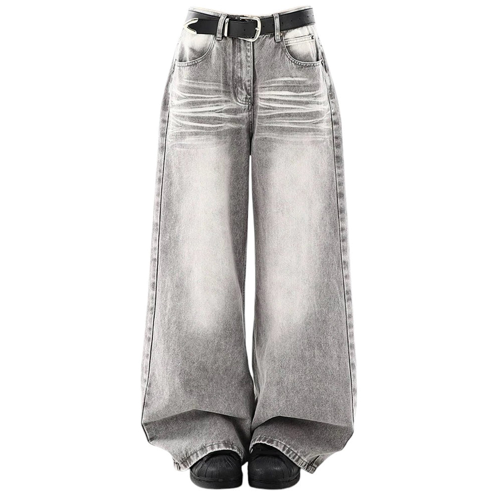 GRAY WIDE-LEG JEANS WITH BLACK BELT FOR WOMEN