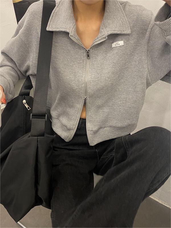 GRAY ZIP-UP COLLARED JACKET CASUAL COTTON BLEND
