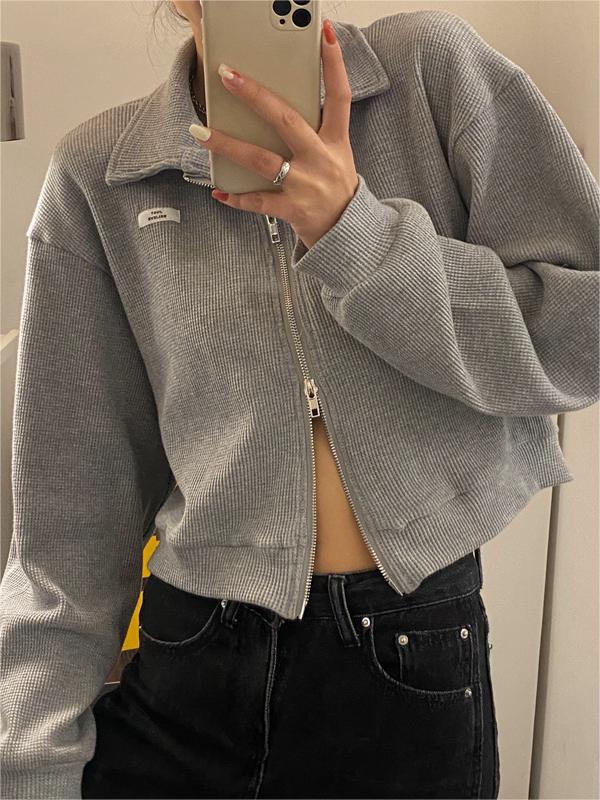 GRAY ZIP-UP COLLARED JACKET CASUAL COTTON BLEND