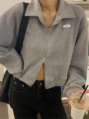 GRAY ZIP-UP COLLARED JACKET CASUAL COTTON BLEND