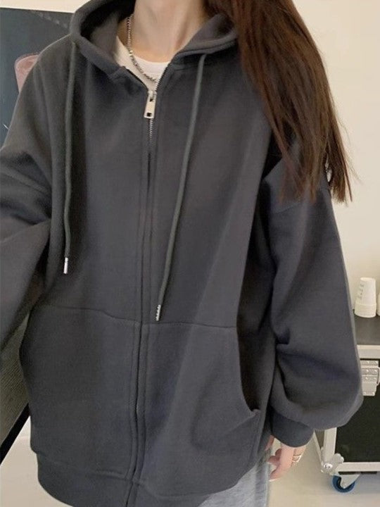 GRAY ZIP-UP HOODIE OVERSIZED SOLID COLOR DESIGN