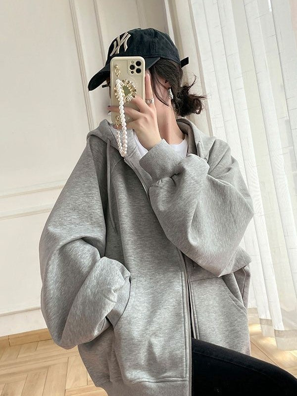 GRAY ZIP-UP HOODIE OVERSIZED SOLID COLOR DESIGN