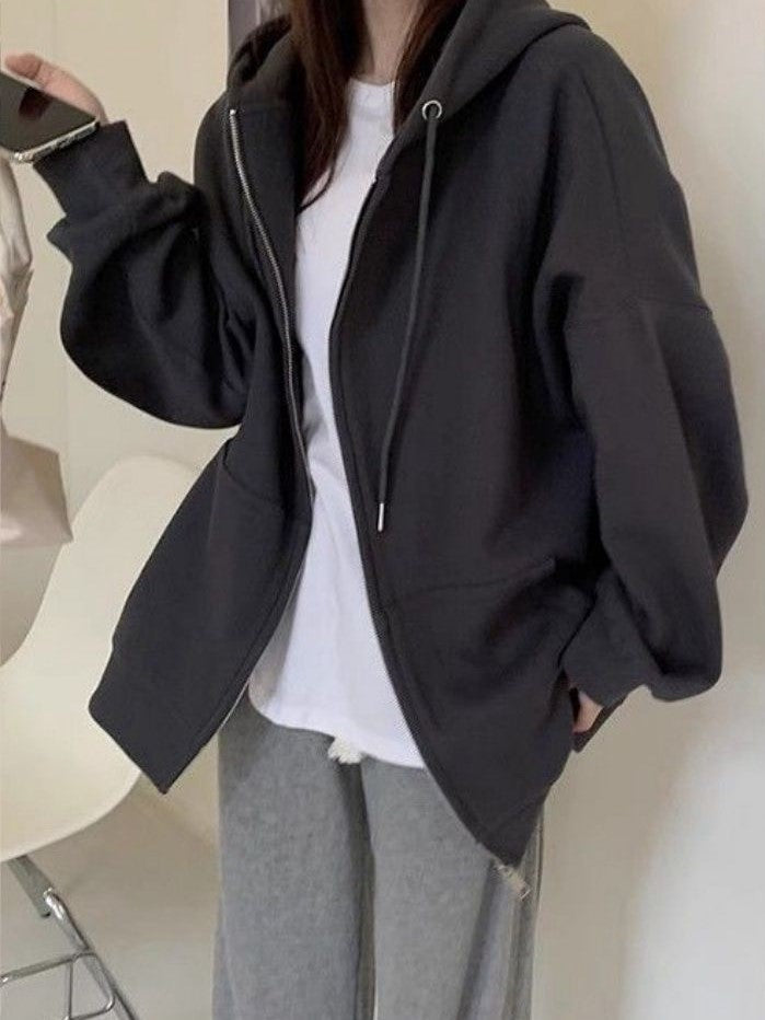 GRAY ZIP-UP HOODIE OVERSIZED SOLID COLOR DESIGN