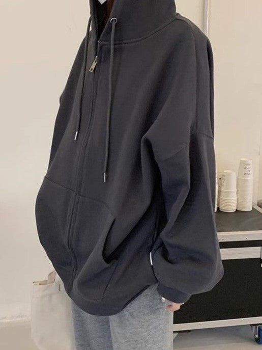 GRAY ZIP-UP HOODIE OVERSIZED SOLID COLOR DESIGN