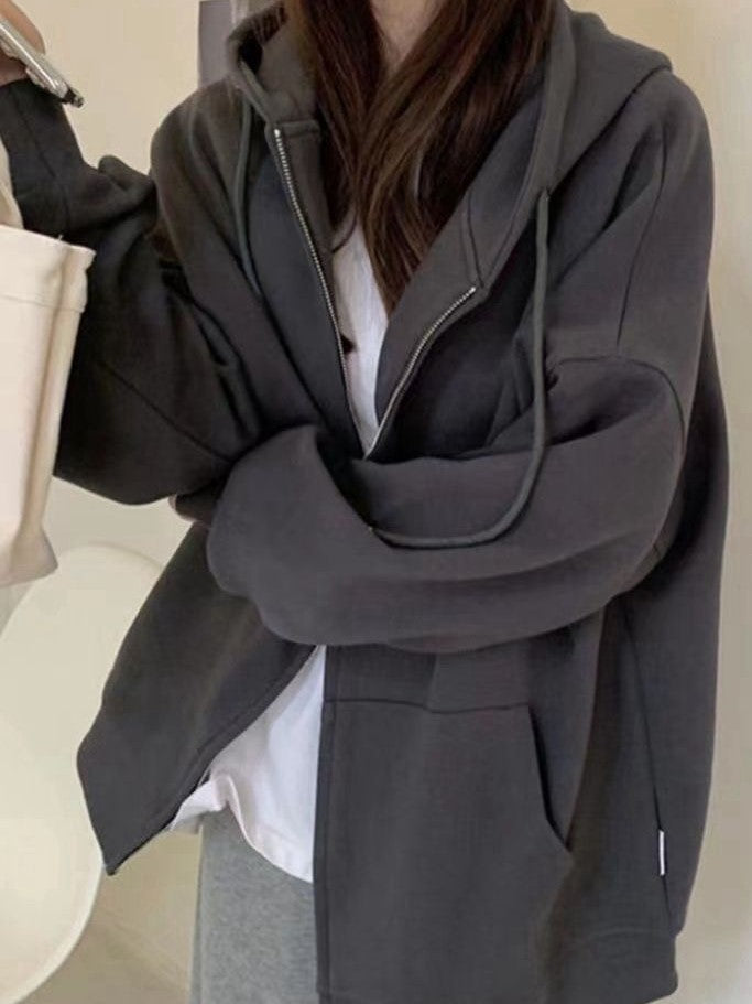 GRAY ZIP-UP HOODIE OVERSIZED SOLID COLOR DESIGN