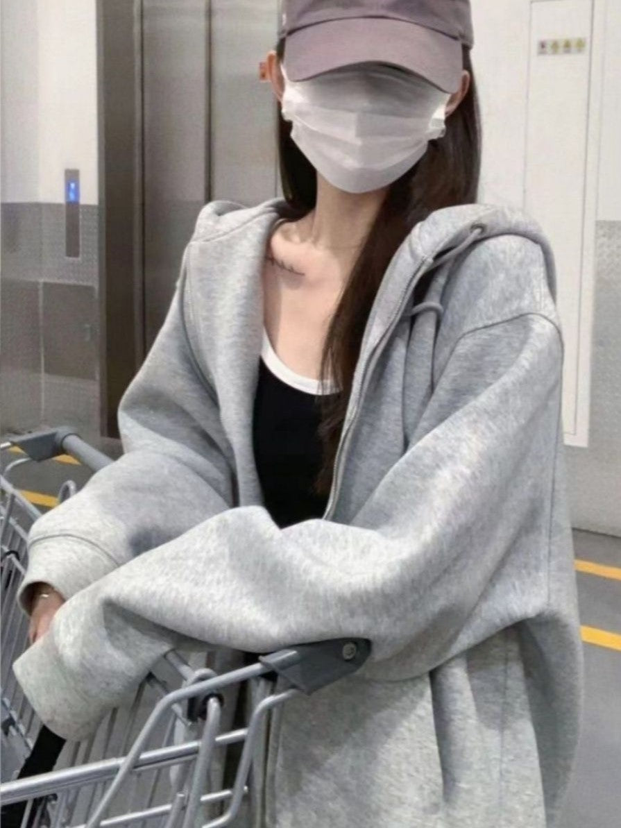 GRAY ZIP-UP HOODIE OVERSIZED SOLID COLOR DESIGN