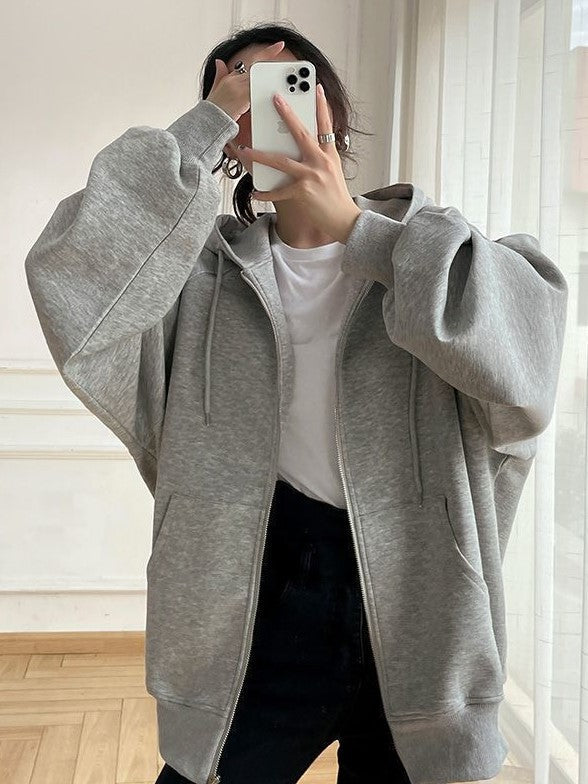 GRAY ZIP-UP HOODIE OVERSIZED SOLID COLOR DESIGN