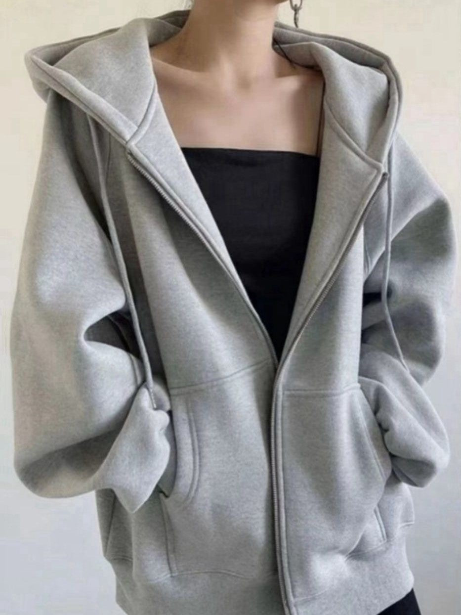 GRAY ZIP-UP HOODIE OVERSIZED SOLID COLOR DESIGN