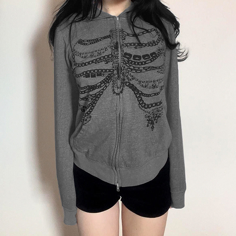 GRAY ZIP-UP HOODIE WITH SKELETON PRINT FOR MEN AND WOMEN