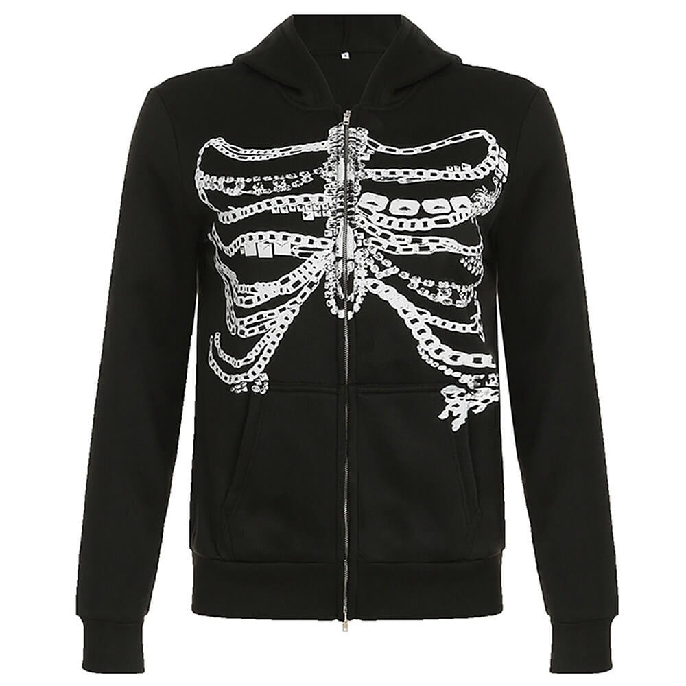 GRAY ZIP-UP HOODIE WITH SKELETON PRINT FOR MEN AND WOMEN