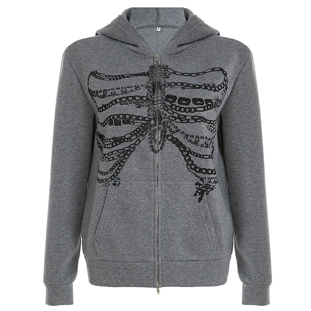 GRAY ZIP-UP HOODIE WITH SKELETON PRINT FOR MEN AND WOMEN