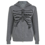 GRAY ZIP-UP HOODIE WITH SKELETON PRINT FOR MEN AND WOMEN
