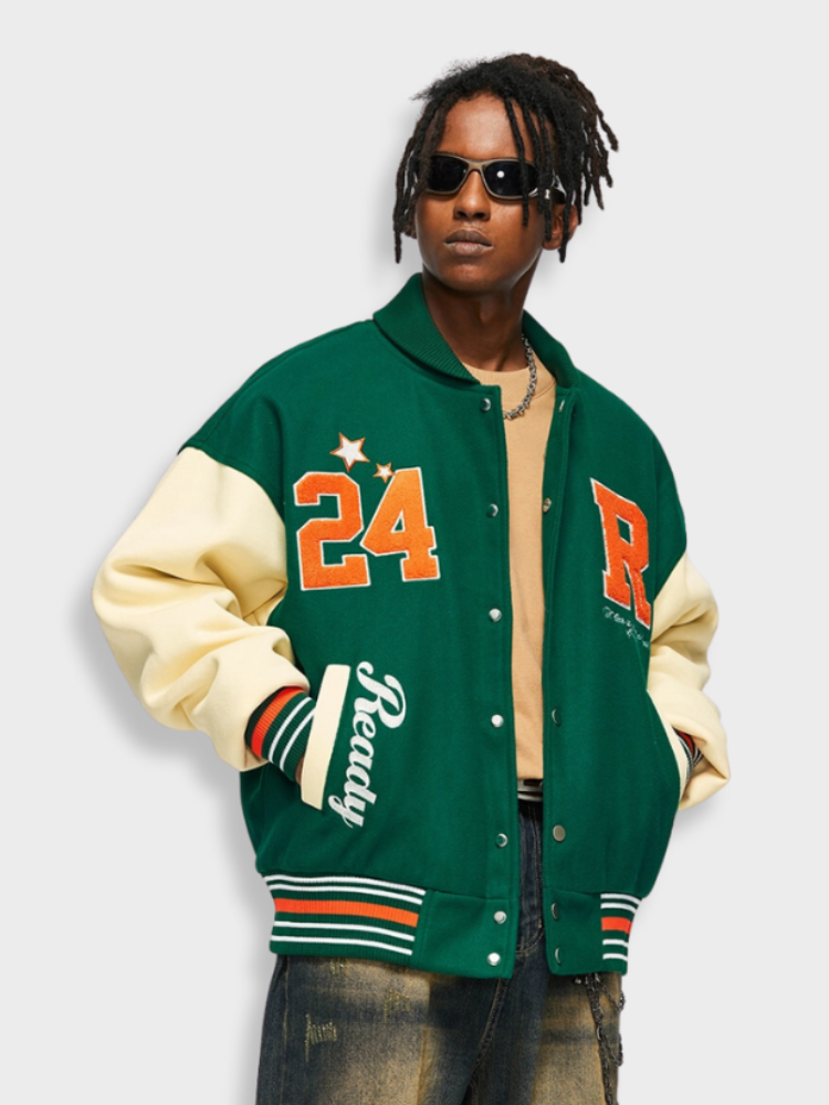 GREEN AND CREAM BASEBALL JACKET WITH STYLISH COMFORT