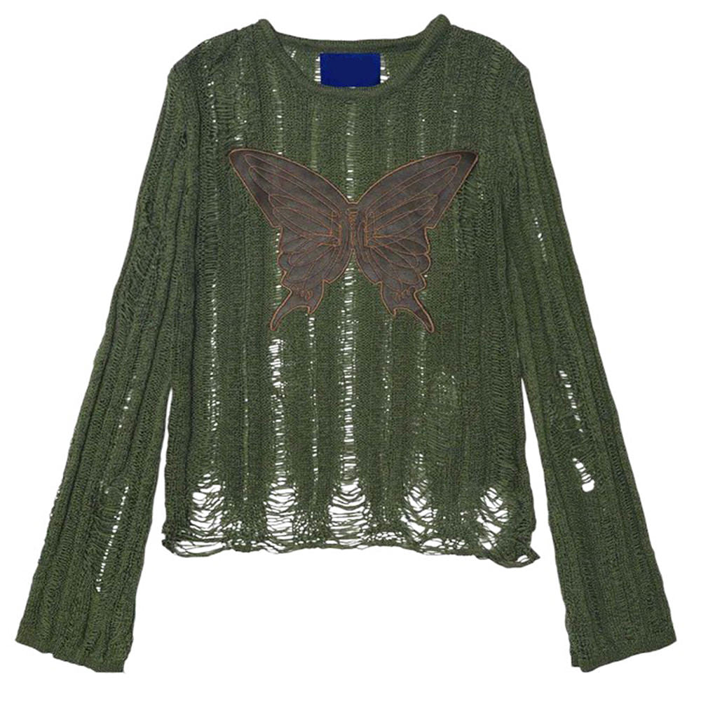 GREEN BUTTERFLY DISTRESSED KNIT SWEATER GRUNGE AESTHETIC