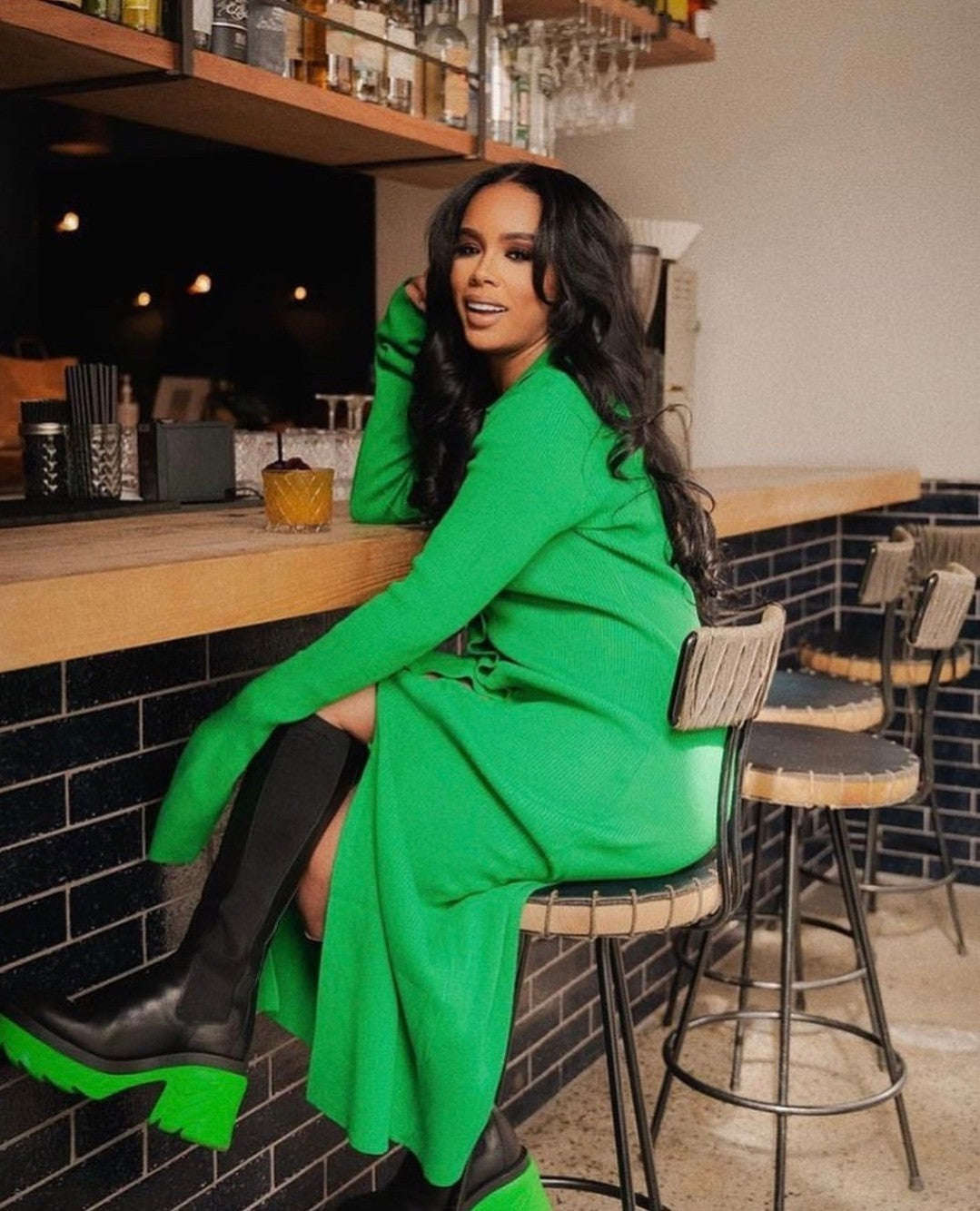 GREEN COLLARED KNIT MAXI DRESS WITH RIBBED BUTTON PLACKET