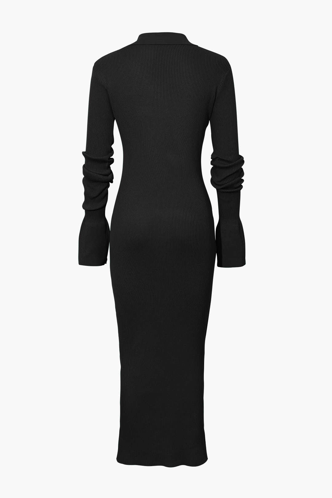 GREEN COLLARED KNIT MAXI DRESS WITH RIBBED BUTTON PLACKET