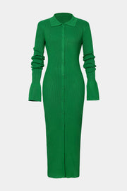 GREEN COLLARED KNIT MAXI DRESS WITH RIBBED BUTTON PLACKET