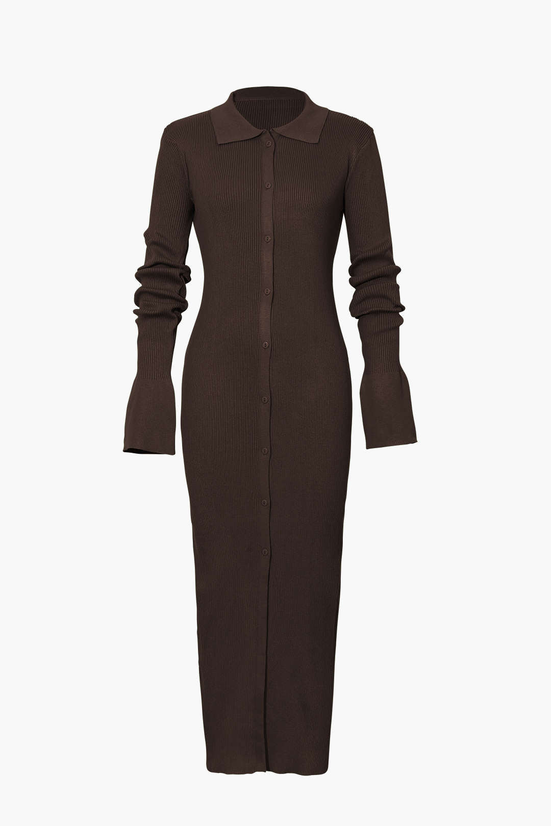 GREEN COLLARED KNIT MAXI DRESS WITH RIBBED BUTTON PLACKET