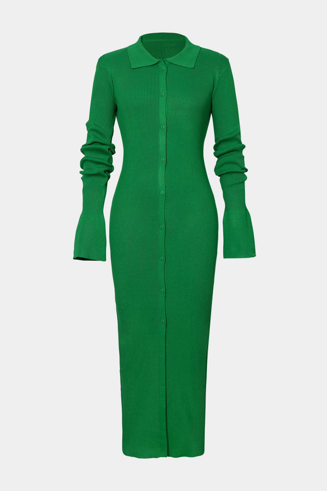 GREEN COLLARED KNIT MAXI DRESS WITH RIBBED BUTTON PLACKET