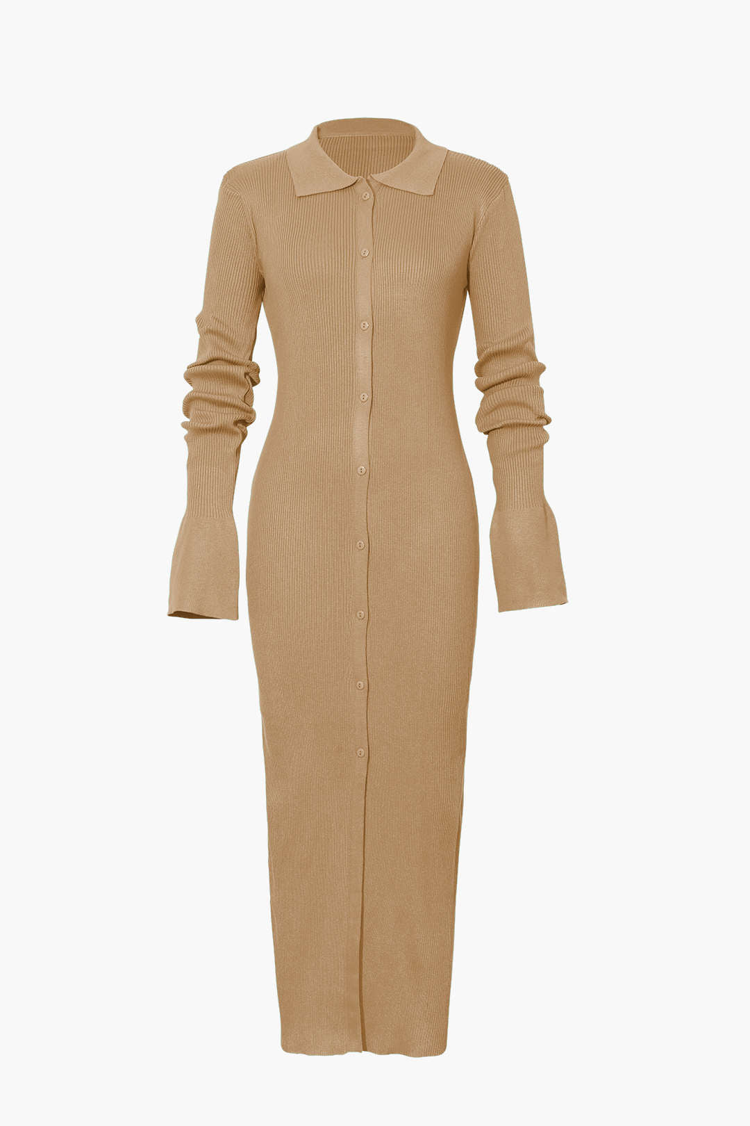 GREEN COLLARED KNIT MAXI DRESS WITH RIBBED BUTTON PLACKET