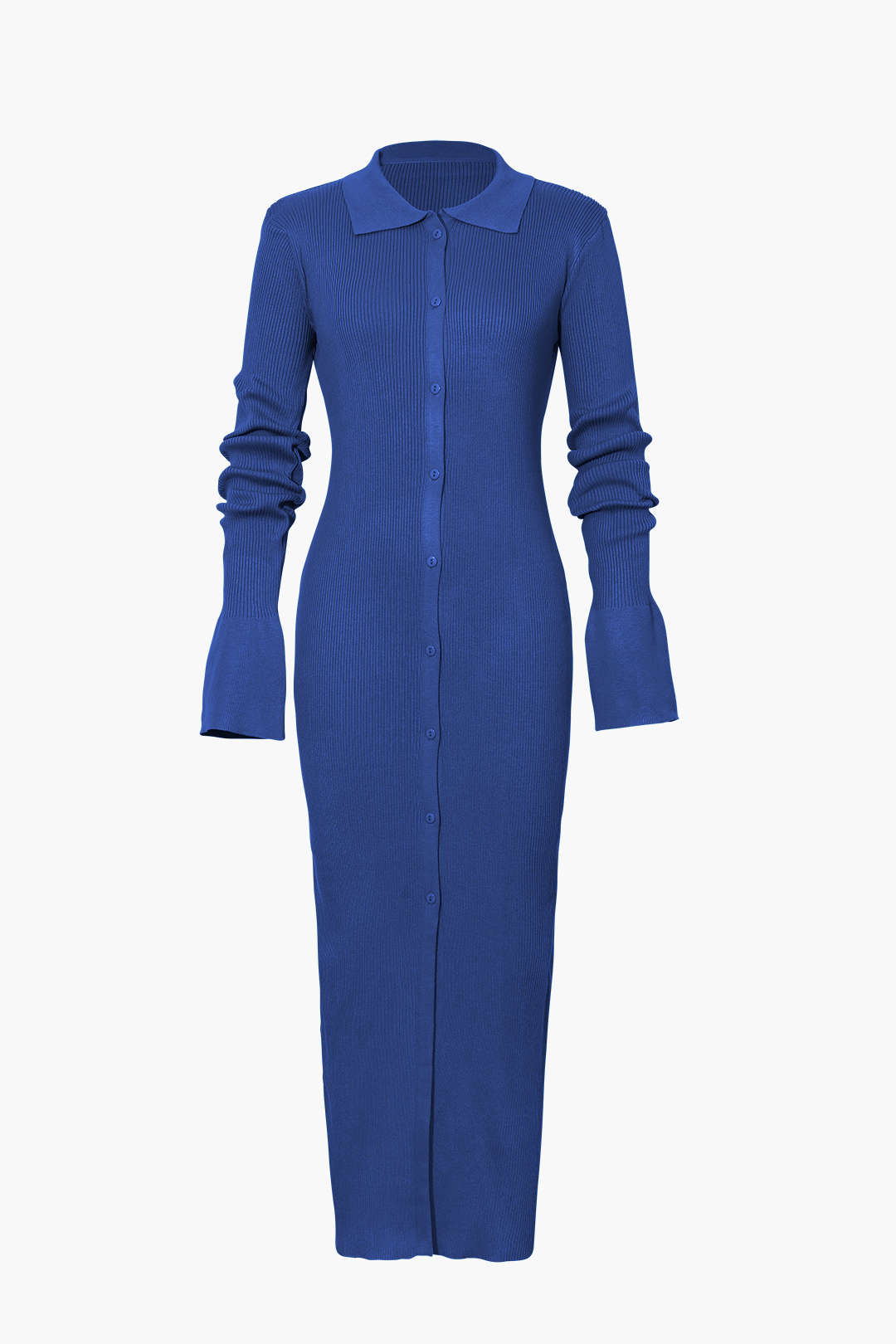 GREEN COLLARED KNIT MAXI DRESS WITH RIBBED BUTTON PLACKET