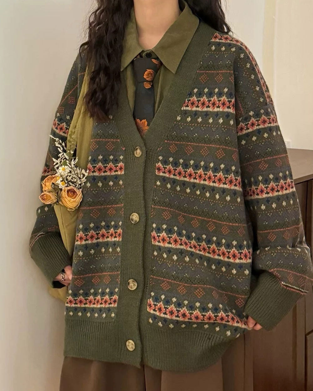 GREEN FAIR ISLE CARDIGAN VINTAGE FAIR KNIT