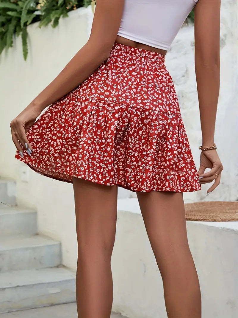 GREEN FLORAL TIERED MINI SKIRT FOR CASUAL STREET STYLE