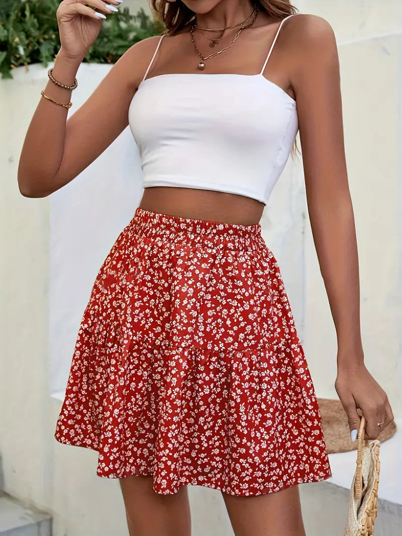 GREEN FLORAL TIERED MINI SKIRT FOR CASUAL STREET STYLE