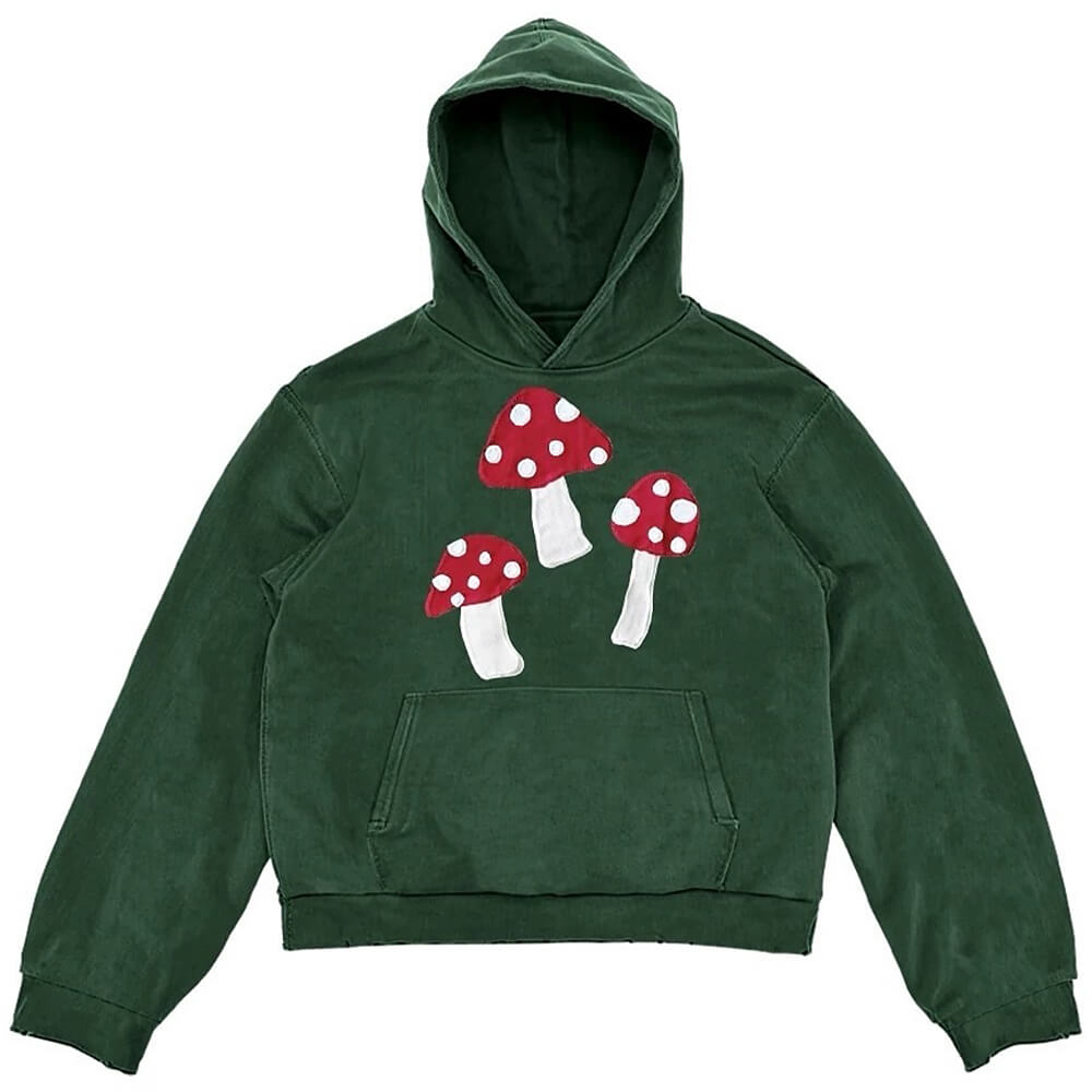 GREEN HOODIE PLAYFUL RED MUSHROOM INDIE DESIGN