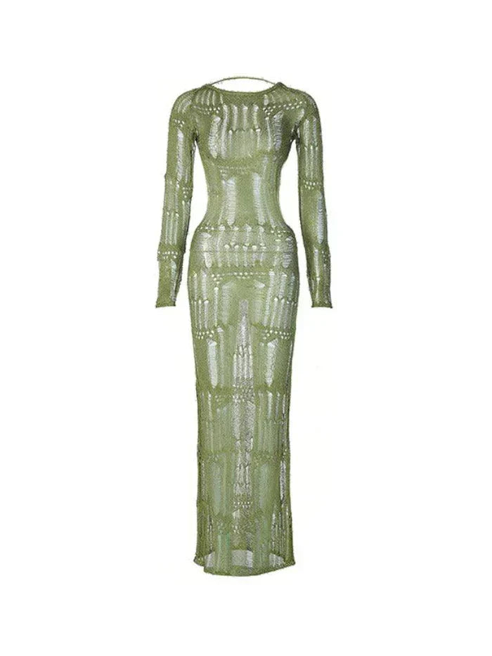 GREEN LONG-SLEEVED KNIT DRESS WITH ELEGANT BACKLESS DESIGN