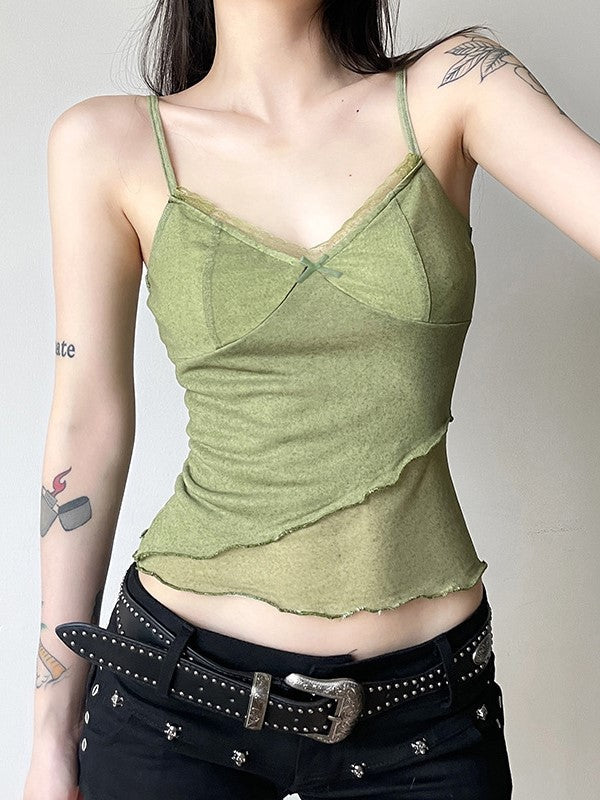 GREEN MESH PATCHWORK TOP AND MIDI SKIRT SET