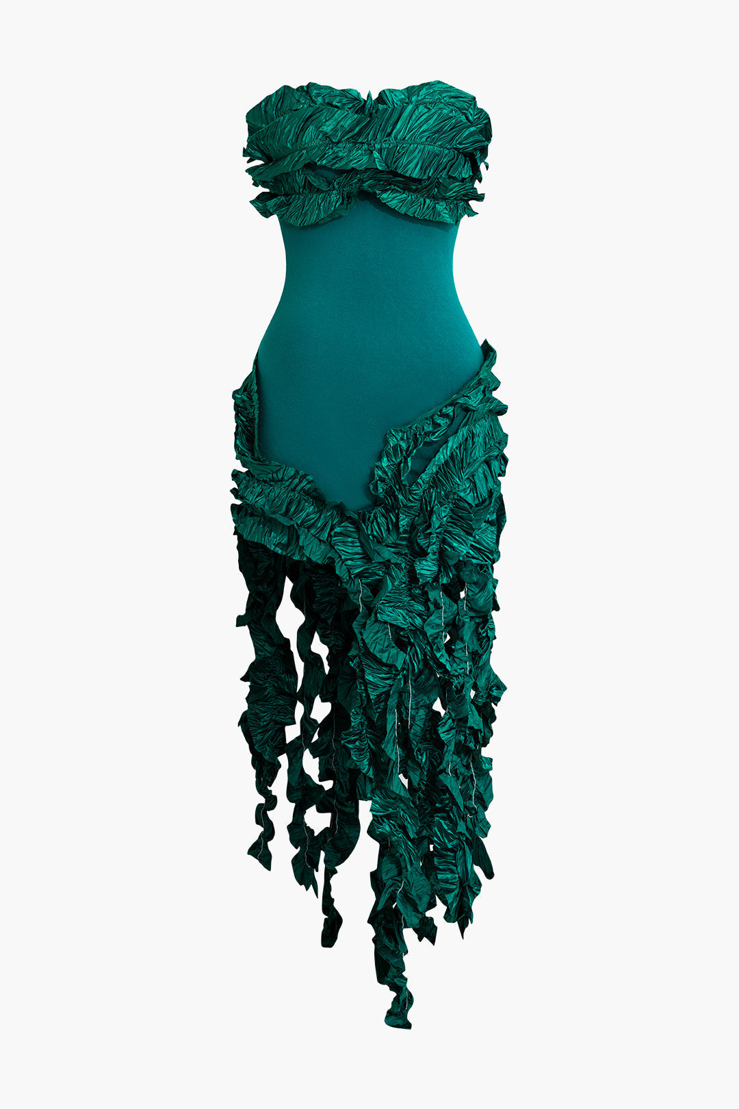 GREEN MIDI DRESS WITH LEAF EMBELLISHMENTS AND RUFFLE FRINGE DETAILS