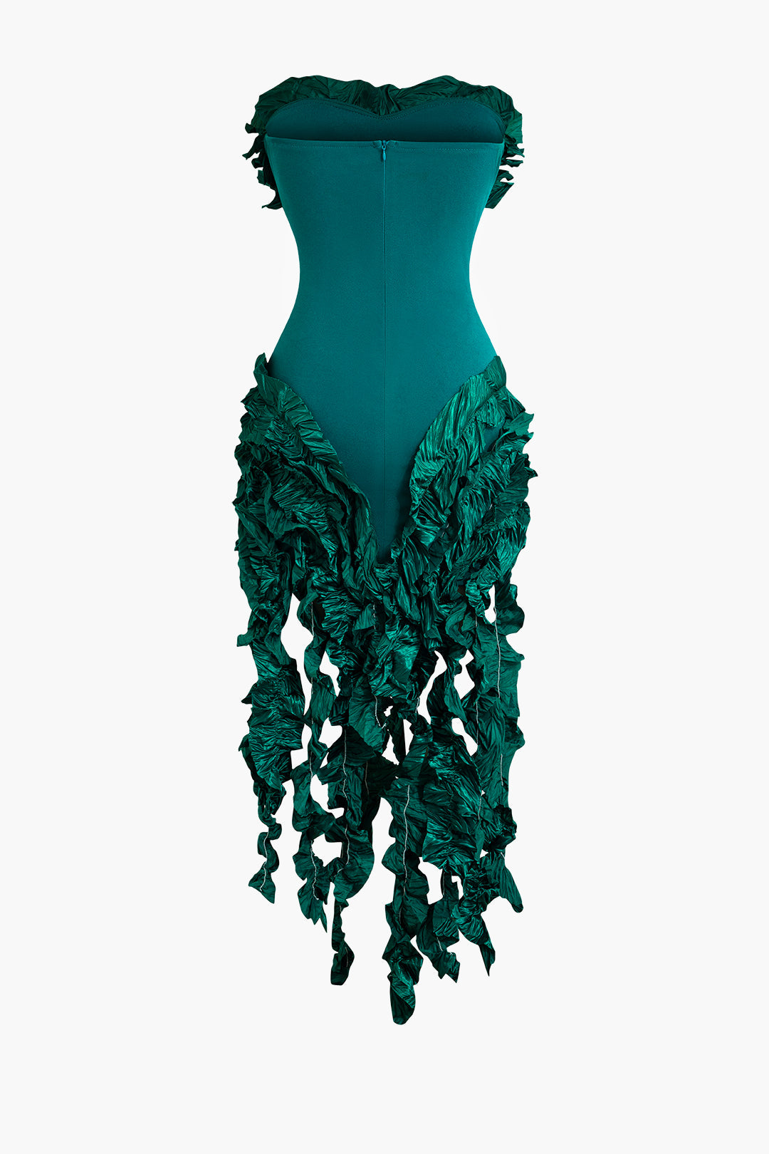GREEN MIDI DRESS WITH LEAF EMBELLISHMENTS AND RUFFLE FRINGE DETAILS