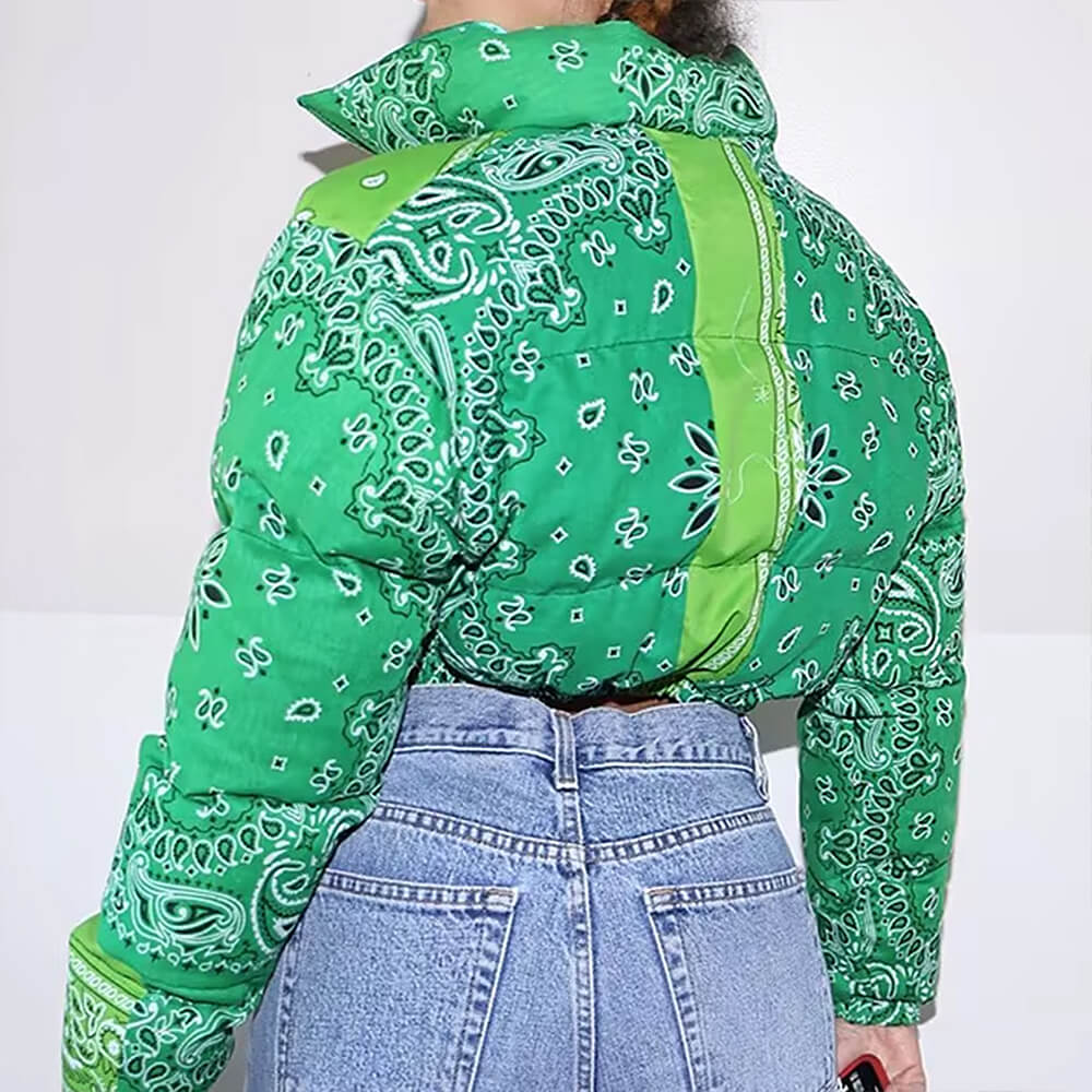 GREEN PAISLEY PATCHWORK PUFFER JACKET