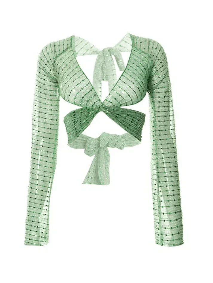 GREEN SEQUINED CROP TOP WITH BANDAGE DESIGN