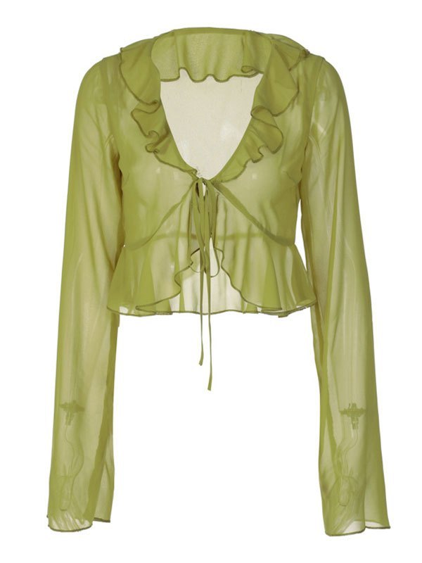 GREEN SHEER BLOUSE AND DENIM MINISKIRT VINTAGE SLIM FIT OUTFIT