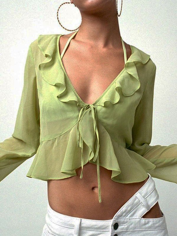 GREEN SHEER BLOUSE AND DENIM MINISKIRT VINTAGE SLIM FIT OUTFIT