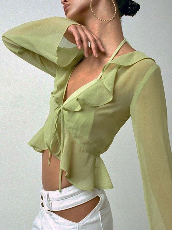 GREEN SHEER BLOUSE AND DENIM MINISKIRT VINTAGE SLIM FIT OUTFIT