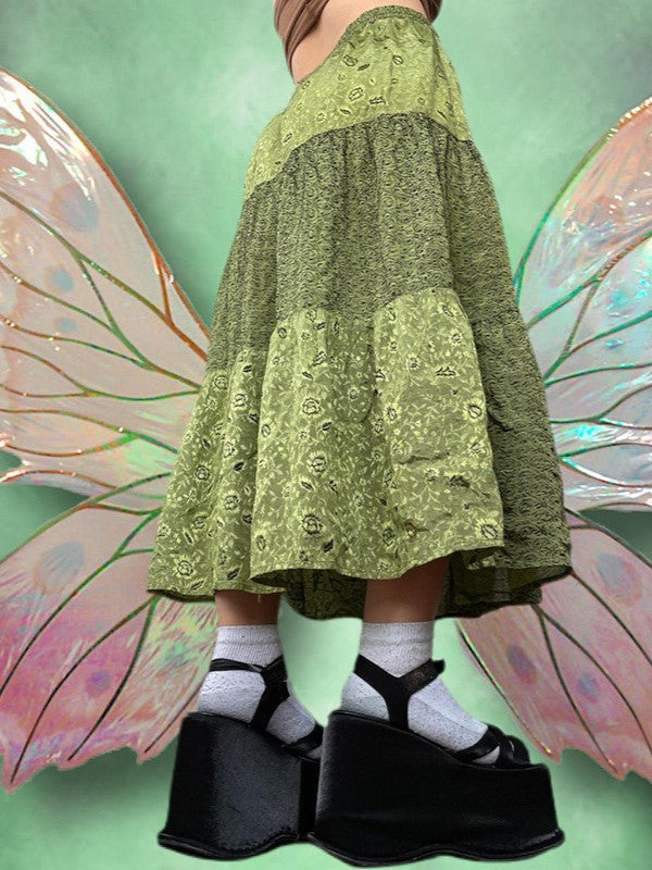 GREEN TIERED FLORAL MAXI SKIRT WITH DRAWSTRING WAIST AND PATCHWORK DESIGN