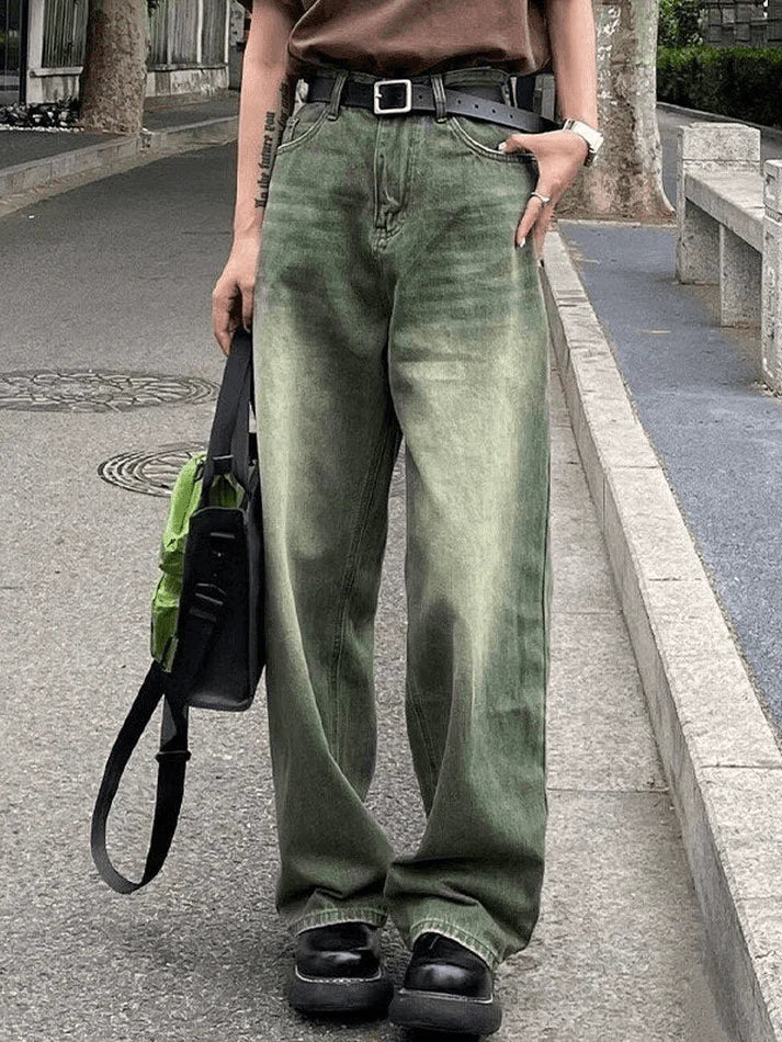 GREEN WIDE-LEG JEANS TRENDY GREEN WASH BOYFRIEND STYLE