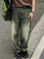 GREEN WIDE-LEG JEANS TRENDY GREEN WASH BOYFRIEND STYLE