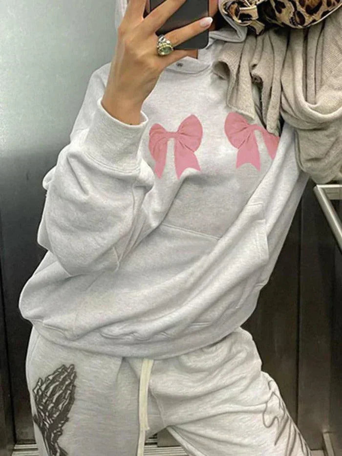GREY Y2K OVERSIZED HOODIE WITH PINK BOWS