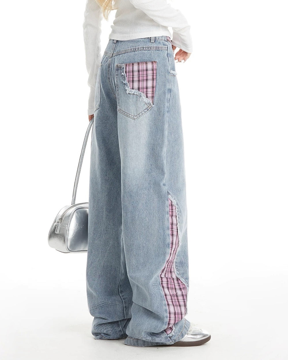 GRUNGE-STYLE PLAID DENIM WIDE-LEG PANTS WITH CONTRAST STITCHING